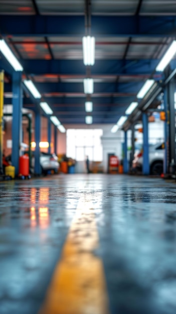 Verschwommene Autowerkstatt mit Epoxidboden und elektrischem Aufzug im Hintergrund. Vertikales mobiles Hintergrundbild