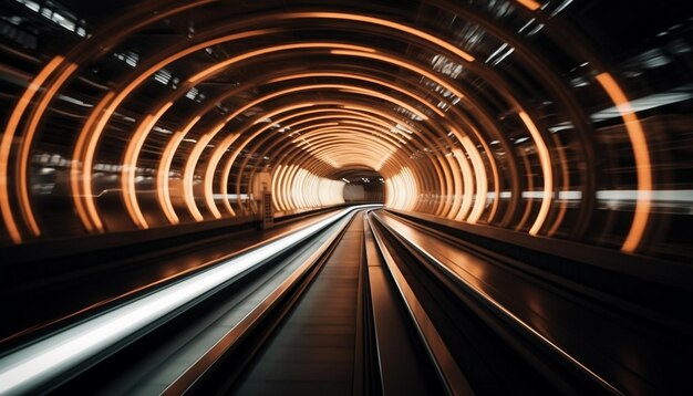 Verschwommene Bewegung auf einem futuristischen U-Bahn-Zug, verschwindender Punkt in einem schwach beleuchteten Korridor, erzeugt von KI