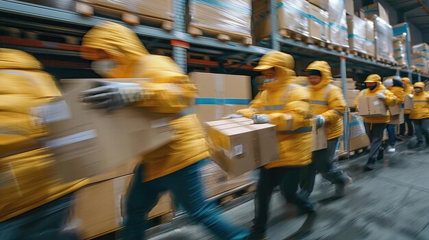 Verschwommene Bewegungen von Arbeitern in reflektierenden Jacken in einem Lagerhaus