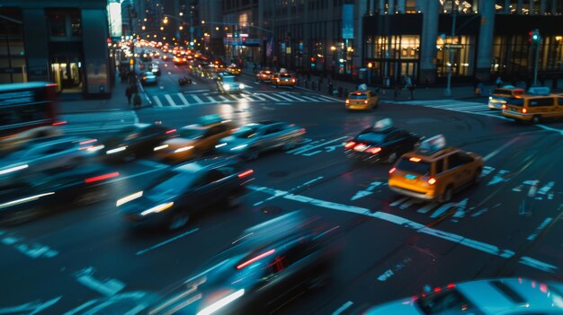 Verschwommene Bewegungen von Fahrzeugen, die unter der Deckung der Dunkelheit auf einer belebten Kreuzung fahren