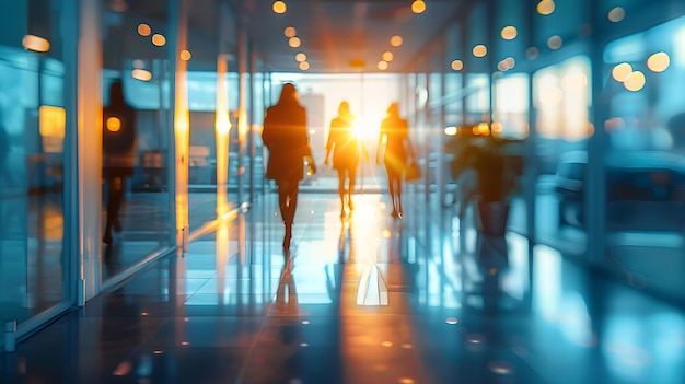 Verschwommene Figuren in einem geschäftigen Büro mit abstraktem Lichtbokeh Konzept Geschäftiges Büro Abstraktes LichtBokeh Verschwommenen Figuren städtische Umgebung Ästhetik des Unternehmens