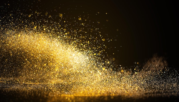Verschwommene Glitzerbomben, Goldglitter defokussiert abstrakte Twinkly Lights Grunge Hintergrund.