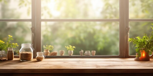 Verschwommene Küchenfenster-Hinterfläche mit Holztischplatte