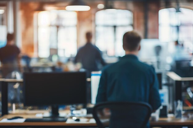 verschwommene Männer sitzen über Computermonitoren im Büro und arbeiten