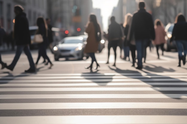 Verschwommene Menschenmenge nicht wiederzuerkennender Geschäftsleute, die an Arbeitstagen zur Hauptverkehrszeit auf dem Zebrastreifen laufen