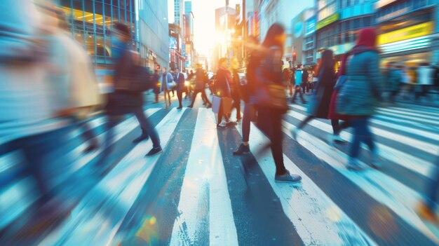 Verschwommene Menschenmenge unerkennbarer Geschäftsleute, die in der Hauptverkehrszeit auf der Zebra-Kreuzung laufen, Arbeitstag, verschwommene Geschäfte und Menschen, Lebensstil und Freizeitkonzept