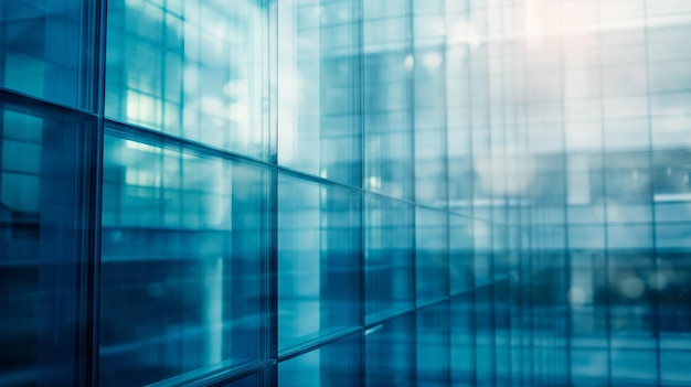 Verschwommene Sicht auf das Innere eines modernen Bürogebäudes mit Glaswänden, die einen kühlen blauen Ton reflektieren und eine schlanke Unternehmensatmosphäre ausstrahlen