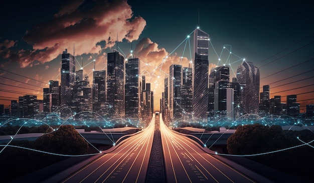 Verschwommene Sicht auf Smart City und Verbindungstechnologie Konzept Illustration von Big Data Generative AI
