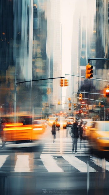 Verschwommene Stadtstraßenszene Menschen, die die Straße überqueren, während die Ampeln und Autos von KI generiert werden.