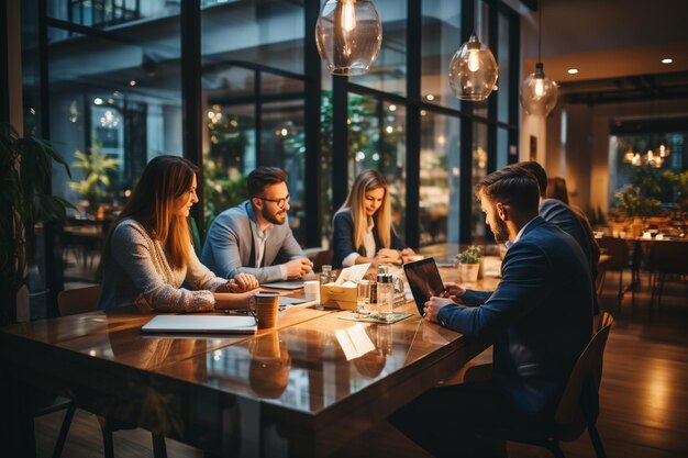 Verschwommene Weiche von Menschen, die sich am Tisch treffen, Geschäftsleute, die in einem modernen Büro reden.