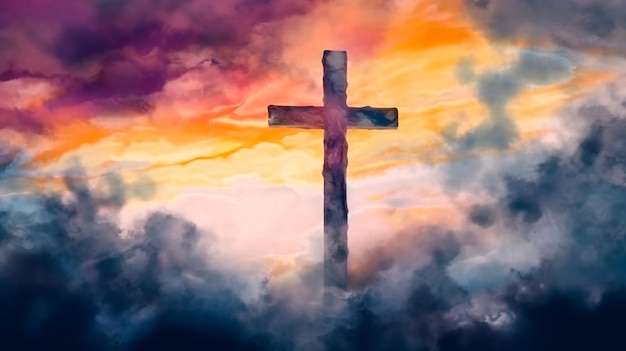 Verschwommener abstrakter Hintergrund der Malerei in Aquarell, der ein konzeptionelles Kreuz oder ein anderes religiöses Symbol über einem Himmel bei Sonnenuntergang mit Wolken als gottgenerative KI darstellt