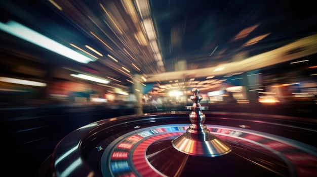 Verschwommener Bewegungshintergrund und sich drehendes Roulette. Perfekt für Casino-Themen. Lebendige Farben und dynamische Bewegungen, die von der KI erzeugt werden