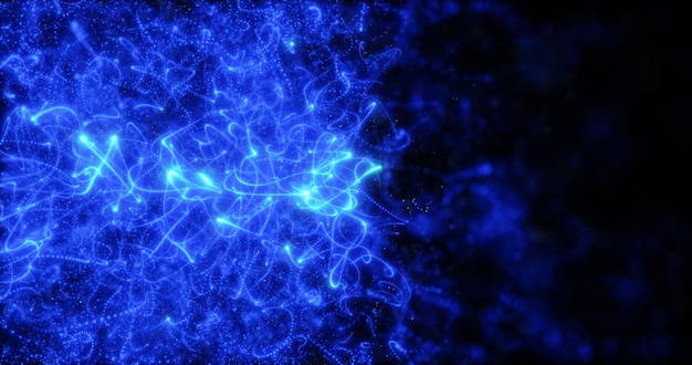 Verschwommener blauer abstrakter Hintergrund von Bokeh und kleinen runden Partikeln und Linien magischer Energie