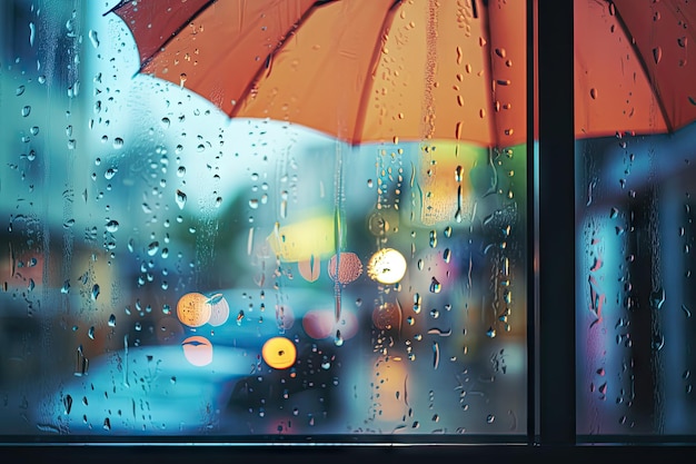 Verschwommener Blick auf den Regenschirm durch das verregnete Fenster