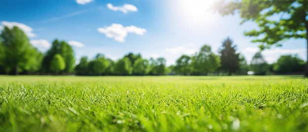 Verschwommener Hintergrund der Frühlingsnatur mit einem schön gepflegten Rasen vor blauem Himmel und Wolken an einem strahlend sonnigen Tag