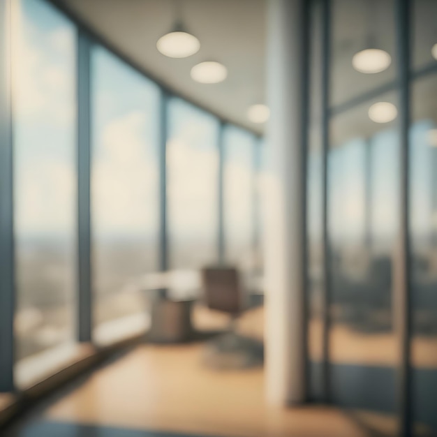 verschwommener Hintergrund eines leichten modernen Bürointerieurs mit Panoramablüchen und schöner Beleuchtung
