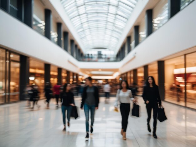 Verschwommener Hintergrund eines modernen Einkaufszentrums mit einigen Käufern Einkäufer, die im Einkaufszentrum spazieren gehen