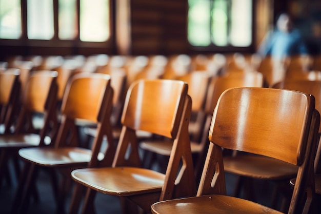Verschwommener Hintergrund mit braunen Stühlen zum Thema „Zurück zur Schule“.