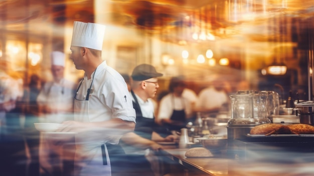 verschwommener Restaurant-Hintergrund mit einigen Menschen, die essen und Köche und Kellner arbeiten