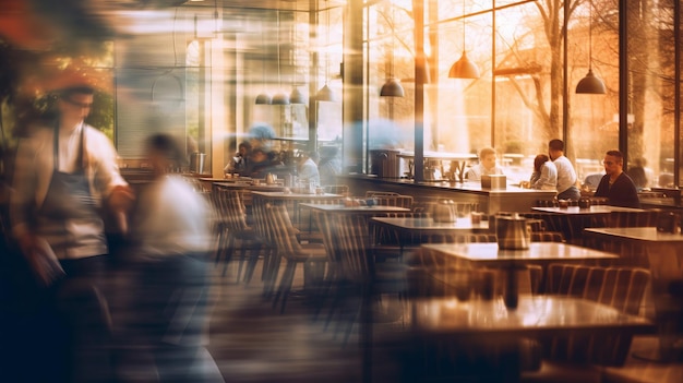 verschwommener Restaurant-Hintergrund mit einigen Menschen, die essen und Köche und Kellner arbeiten