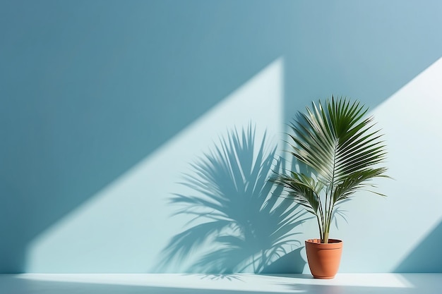 Verschwommener Schatten von Palmblättern an der hellblauen Wand Minimaler abstrakter Hintergrund für die Produktpräsentation