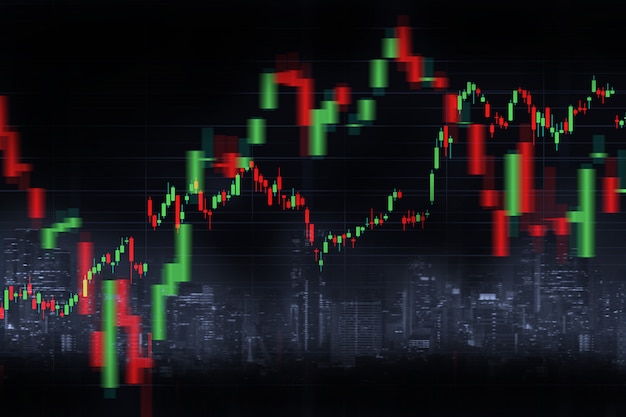 Verschwommener Skyline-Hintergrund der Stadt und Finanzdiagramm mit Kerzenleuchter-Diagramm in der Börse auf schwarzer Farbe