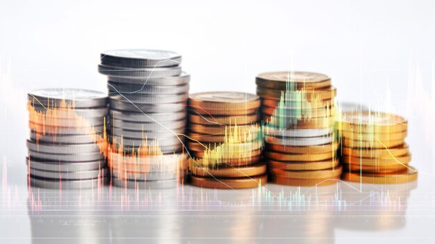 Verschwommener Stapel Geldmünzen auf dem Hintergrund mit Diagramm und Grafik für finanzielle und wirtschaftliche Generierung