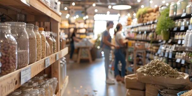 Foto verschwommener vordergrund des innenraums in einem zero-waste-laden kunden, die trockenwaren und massenprodukte kaufen