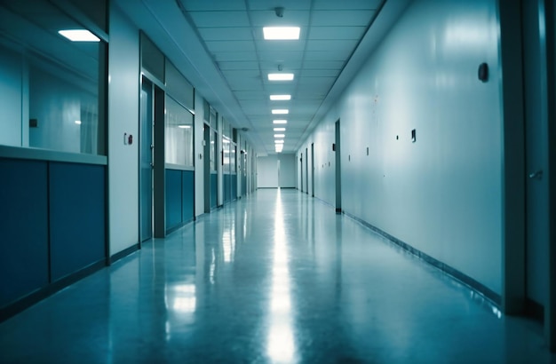 Verschwommenes Bild des Korridors in einer weißen Krankenhausklinik