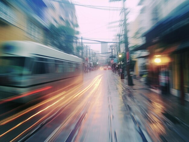 verschwommenes Bild einer Stadtstraße mit einem Zug, der an einem generativen Ai vorbeifährt