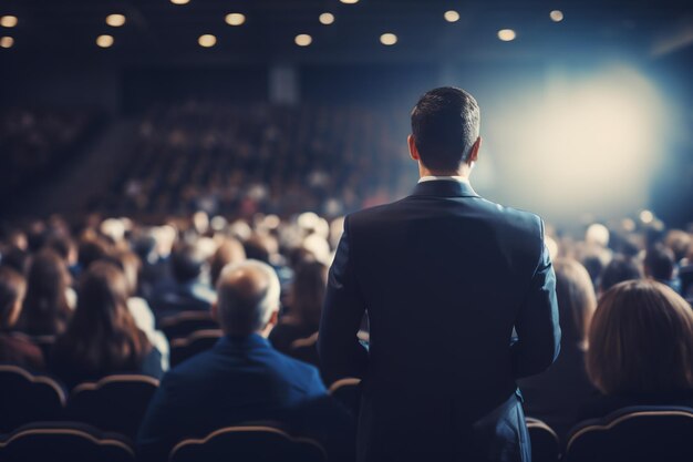 verschwommenes Bild eines Geschäftsmanns, der auf einer Konferenz eine Präsentation hält