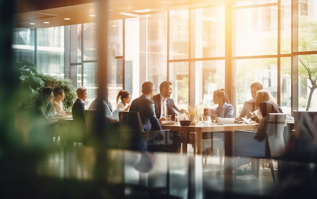 Foto verschwommenes bild von menschen, die sich am tisch treffen, geschäftsleute, die sich in einem modernen büro unterhalten