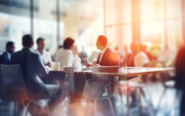 Verschwommenes Bild von Menschen, die sich am Tisch treffen, Geschäftsleute, die sich in einem modernen Büro unterhalten