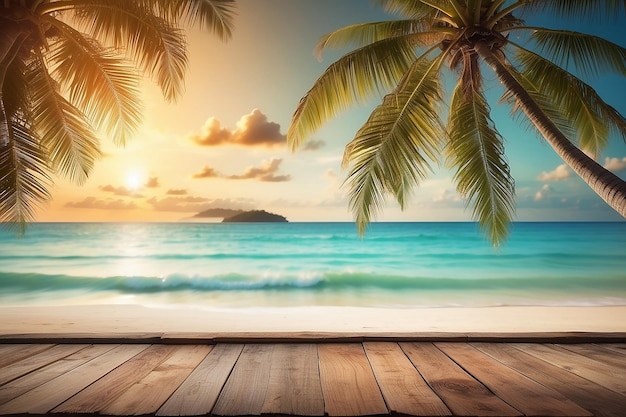 verschwommenes Meer Natur Sonnenuntergang Himmel und Kokosnussbaum und Blätter Hintergrund mit altem Vintage braun Holz Hintergrund Textur Tischplatte für die Show werben Produkt auf der Anzeige
