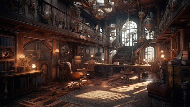 Versetzen Sie sich mit dieser ultrarealistischen 8k-Steampunk-Bibliothek in eine andere Zeit und an einen anderen Ort, wo Vintage-Accessoires und komplizierte Designs eine von KI generierte Welt der Fantasie zum Leben erwecken