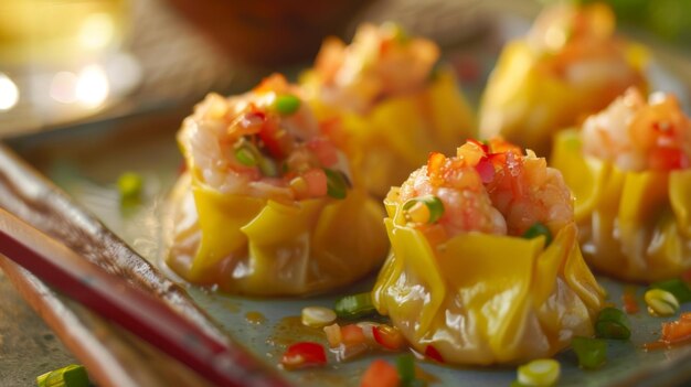 Foto una versión exótica del clásico shumai de cerdo y camarón con un toque de salsa de frutas tropicales