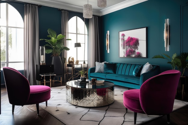 Una versión moderna del estilo art déco clásico con muebles elegantes y colores llamativos