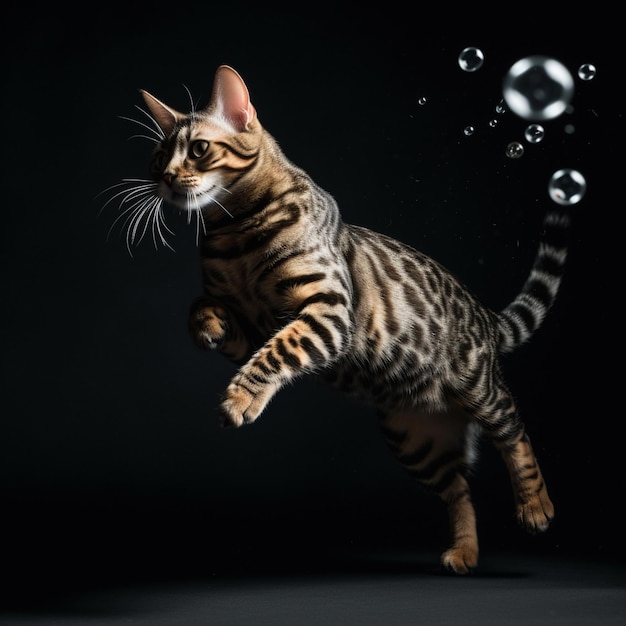 Verspielte Bengalkatze springt nach Spielzeug