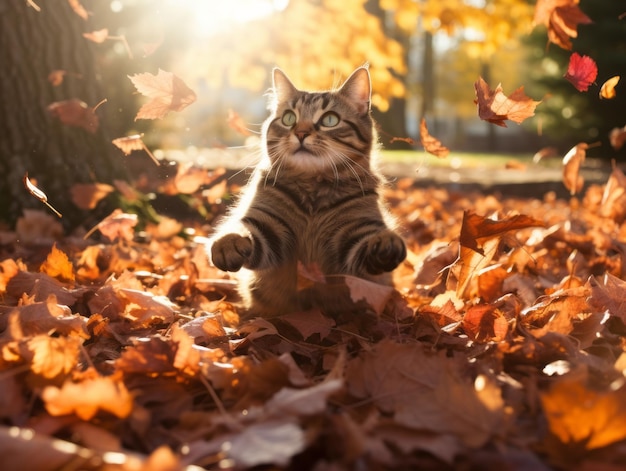 Verspielte Katze, die in einem sonnendurchfluteten Garten auf fallende Herbstblätter schlägt