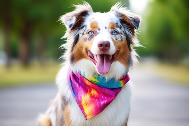 Verspielter australischer Schäferhund mit Batik-Bandana und geflochtenem Schwanz. Generative KI