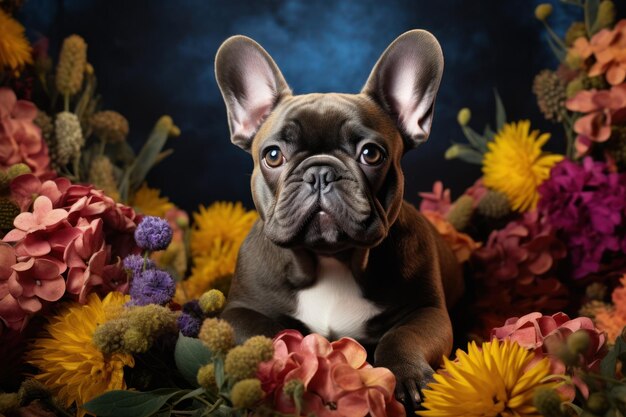 Verspielter Hundewelpe erkundet ein Blumenfeld. Generative KI