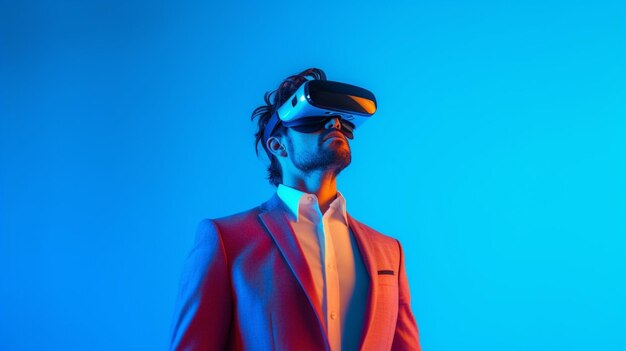 Verspielter junger afrikanischer Mann mit Virtual-Reality-Brille, während er gegen blaue generative KI steht