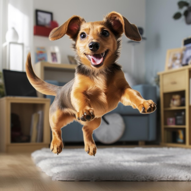 Verspielter kleiner Hund springt im Raum mit natürlichem Licht