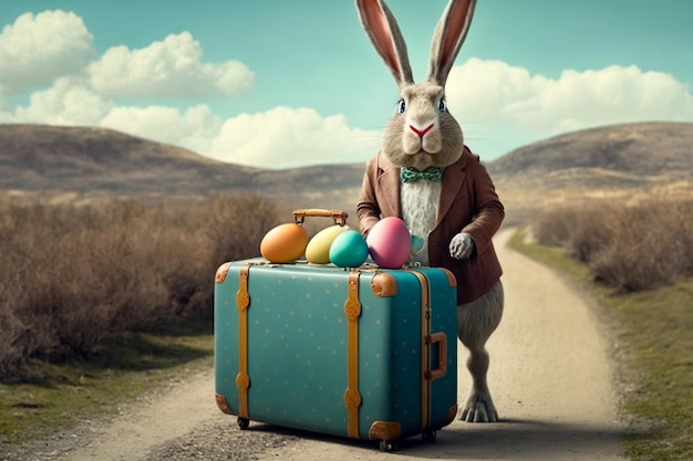 Verspielter Osterhase auf Reisen mit Gepäck. Generative KI