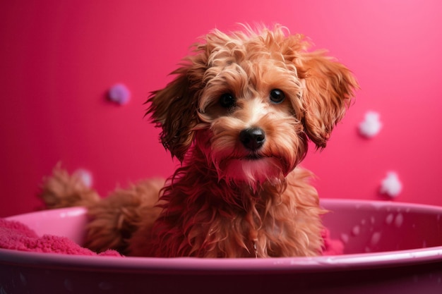 Verspielter Welpe badet in der Pink Studio Badewanne