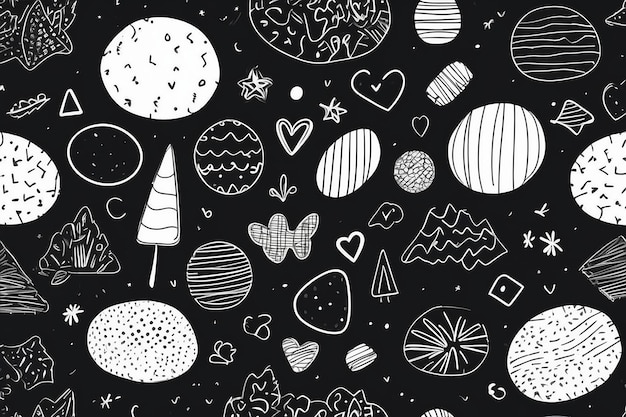 Verspieltes Doodle Joy Black Line Nahtloses Muster für trendiges Kinderdesign