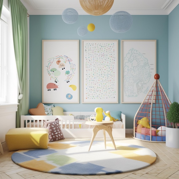 Verspieltes Kinderspielzimmer mit farbenfrohem Wandgemälde und lustigen Spielzeugen