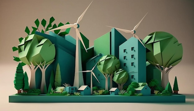 Verspotten Sie das grüne Stadtlayout mit alternativer Energie aus Papier Generative KI