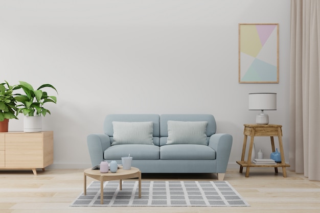 Verspotten Sie herauf Wand im Wohnzimmer mit blauem Sofa, Anlagen und Tabelle auf leerer weißer Wand.