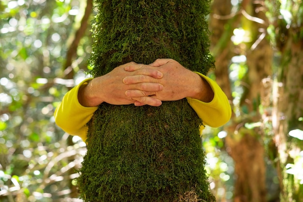 Versteckter älterer Mann, der einen moosbedeckten Baumstamm im Wald mit gekreuzten Händen umarmt Earth Day Konzept Menschen schützen den Planeten vor Entwaldung